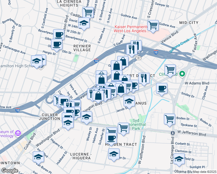 map of restaurants, bars, coffee shops, grocery stores, and more near 3224 Cattaraugus Avenue in Los Angeles
