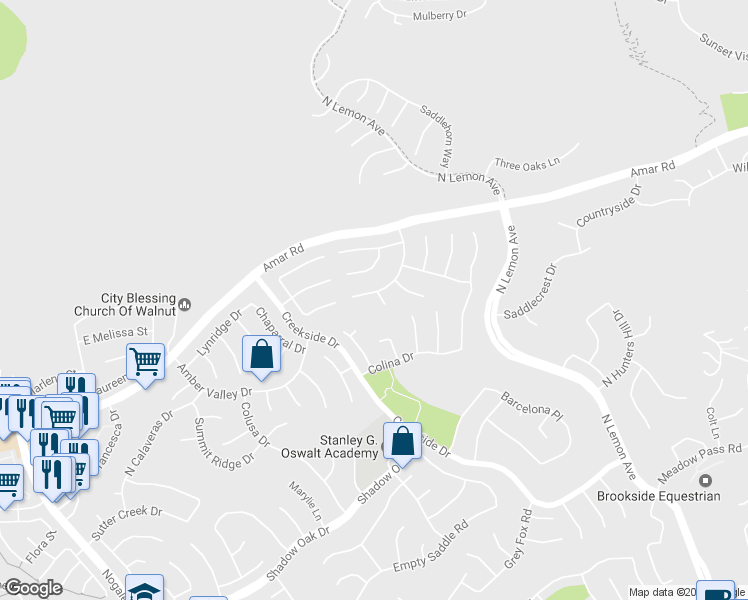 map of restaurants, bars, coffee shops, grocery stores, and more near 19332 Braes River Drive in Walnut