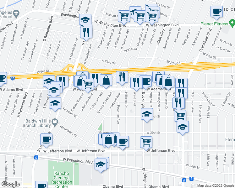 map of restaurants, bars, coffee shops, grocery stores, and more near 2621 Vineyard Avenue in Los Angeles
