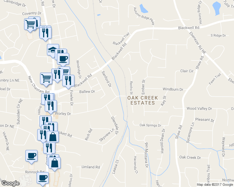 map of restaurants, bars, coffee shops, grocery stores, and more near 3340 Sanford Drive in Marietta
