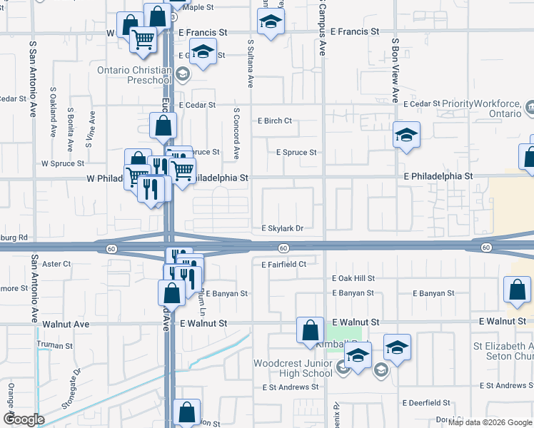 map of restaurants, bars, coffee shops, grocery stores, and more near 2255 South Pleasant Avenue in Ontario