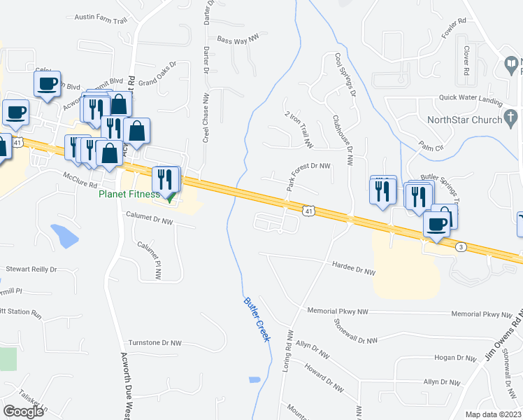 map of restaurants, bars, coffee shops, grocery stores, and more near 3940 Cyrus Crest Circle Northwest in Kennesaw