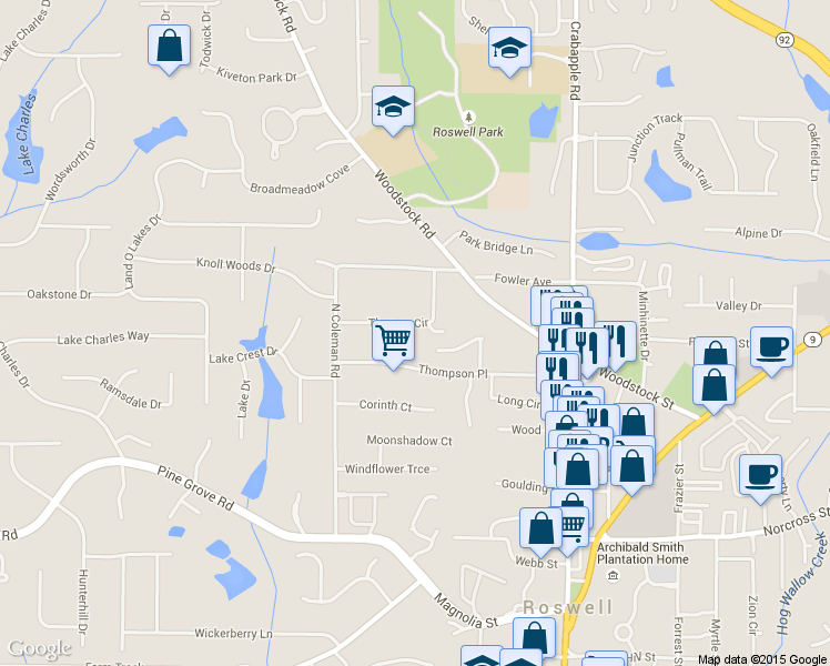 map of restaurants, bars, coffee shops, grocery stores, and more near 1219 Thomas Circle in Roswell