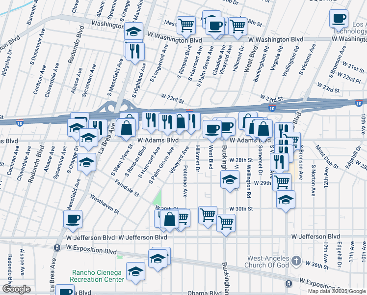 map of restaurants, bars, coffee shops, grocery stores, and more near 2621 Vineyard Avenue in Los Angeles