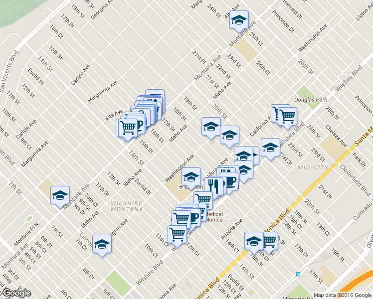map of restaurants, bars, coffee shops, grocery stores, and more near in Santa Monica