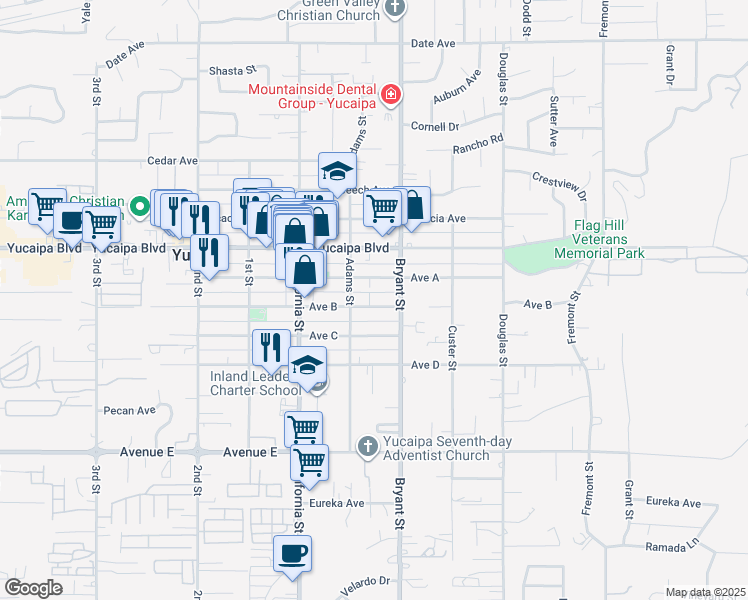 map of restaurants, bars, coffee shops, grocery stores, and more near 35250 Avenue B in Yucaipa