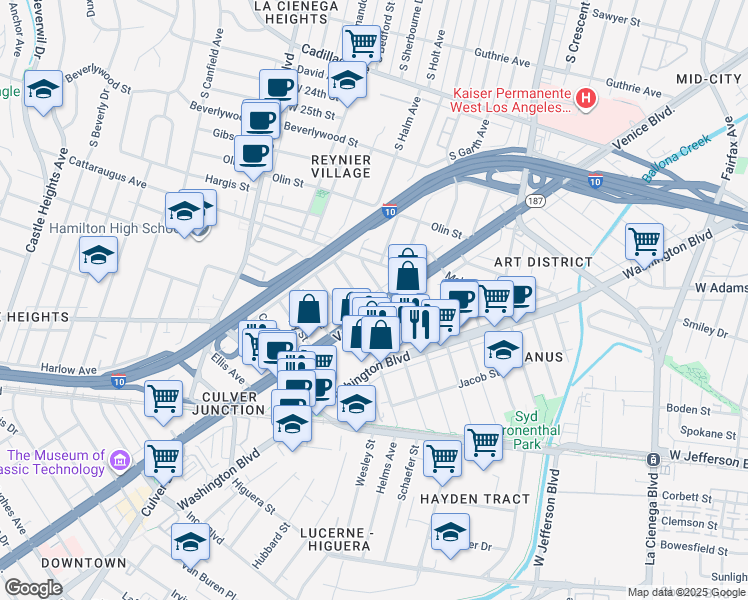 map of restaurants, bars, coffee shops, grocery stores, and more near 3198 Hutchison Avenue in Los Angeles