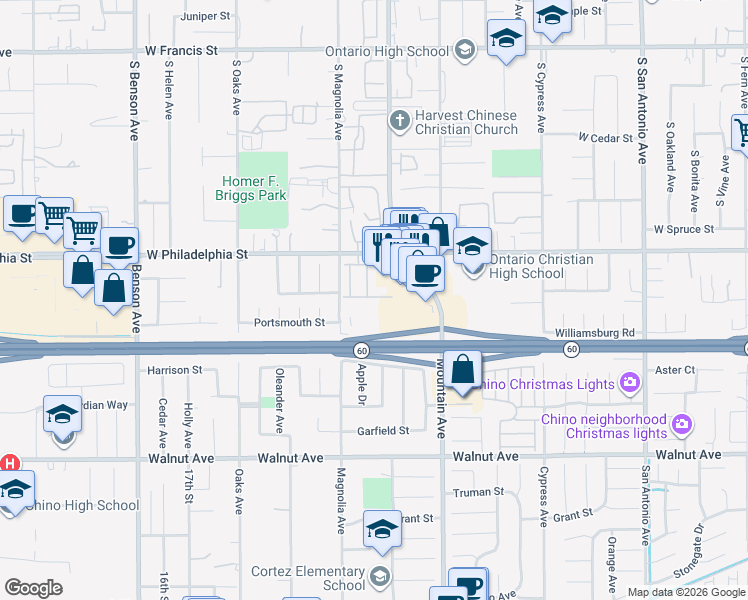map of restaurants, bars, coffee shops, grocery stores, and more near 1123 West Whittlers Lane in Ontario