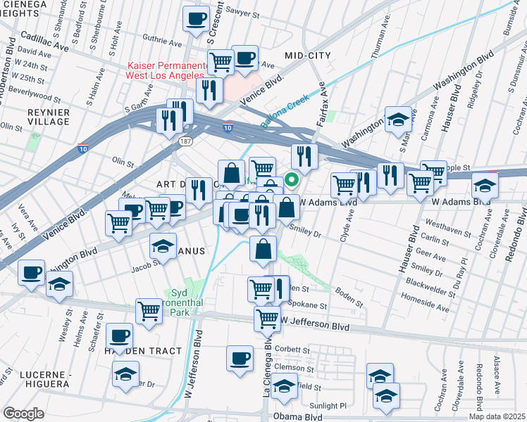 map of restaurants, bars, coffee shops, grocery stores, and more near 5833-5899 Perry Dr in Los Angeles