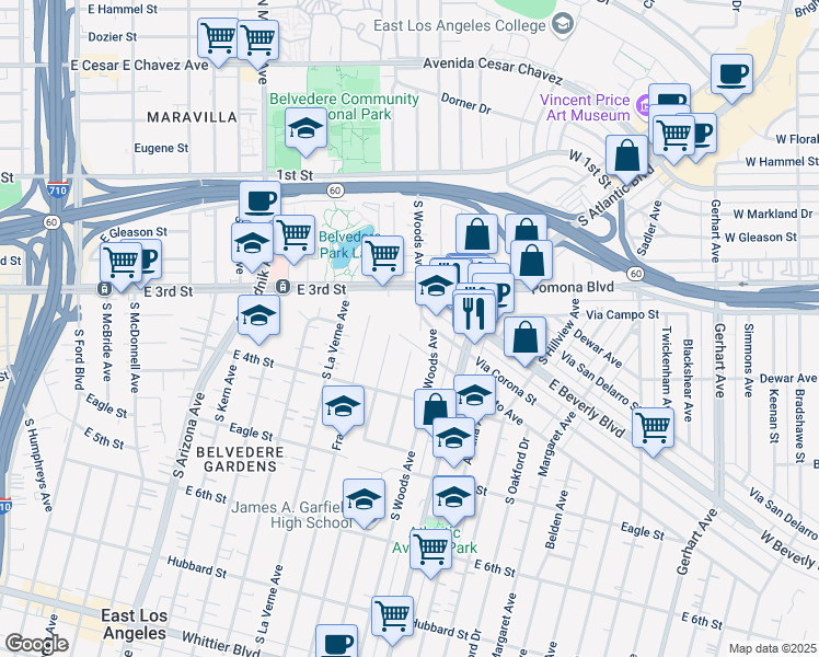 map of restaurants, bars, coffee shops, grocery stores, and more near 5073 Repetto Avenue in East Los Angeles