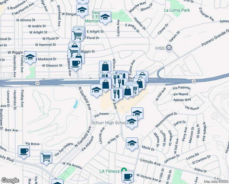 map of restaurants, bars, coffee shops, grocery stores, and more near 884 North Wilcox Avenue in Montebello