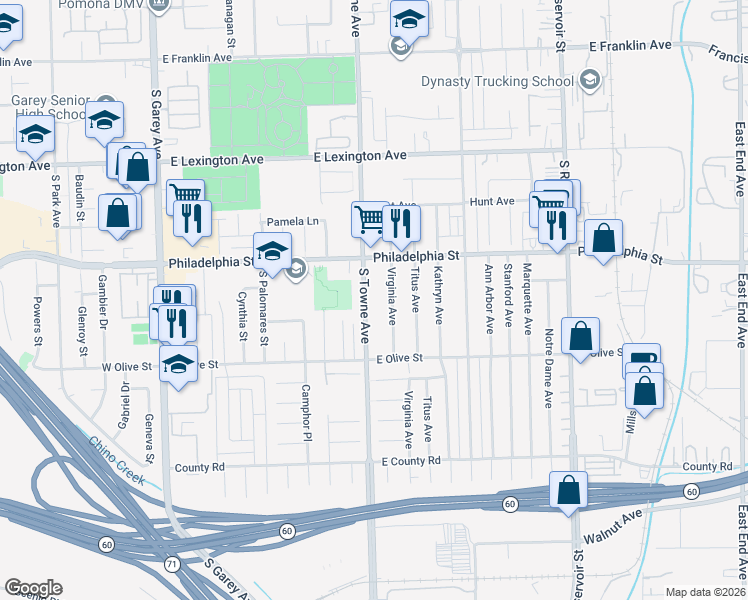 map of restaurants, bars, coffee shops, grocery stores, and more near 2184 South Towne Avenue in Pomona