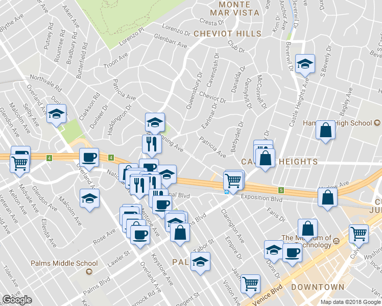 map of restaurants, bars, coffee shops, grocery stores, and more near 3289 Edith Street in Los Angeles