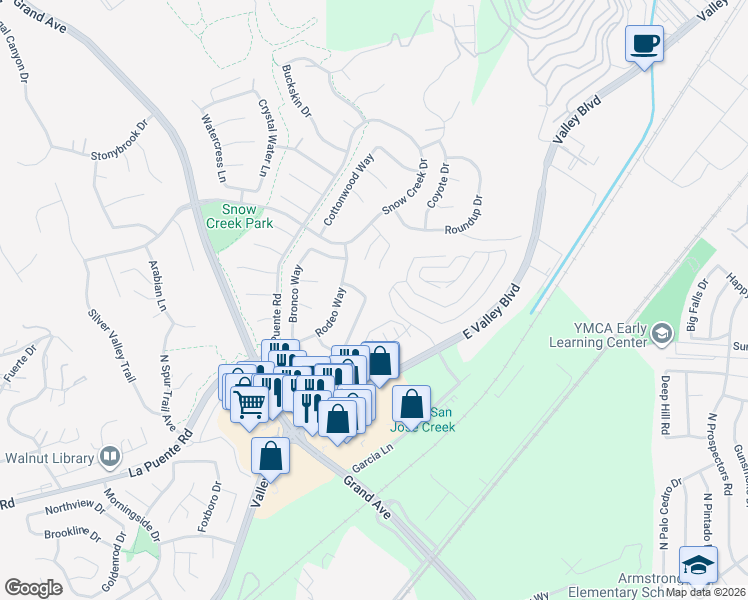 map of restaurants, bars, coffee shops, grocery stores, and more near 678 North Pacer Court in Walnut
