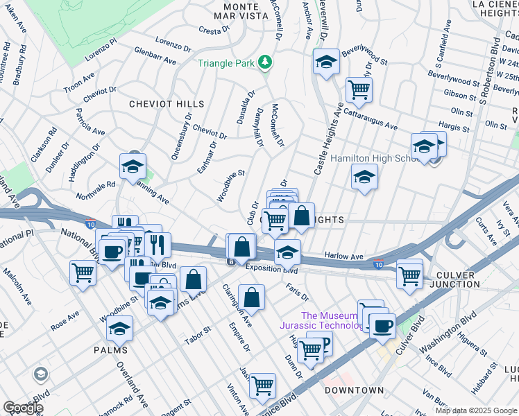 map of restaurants, bars, coffee shops, grocery stores, and more near 3330 Club Drive in Los Angeles