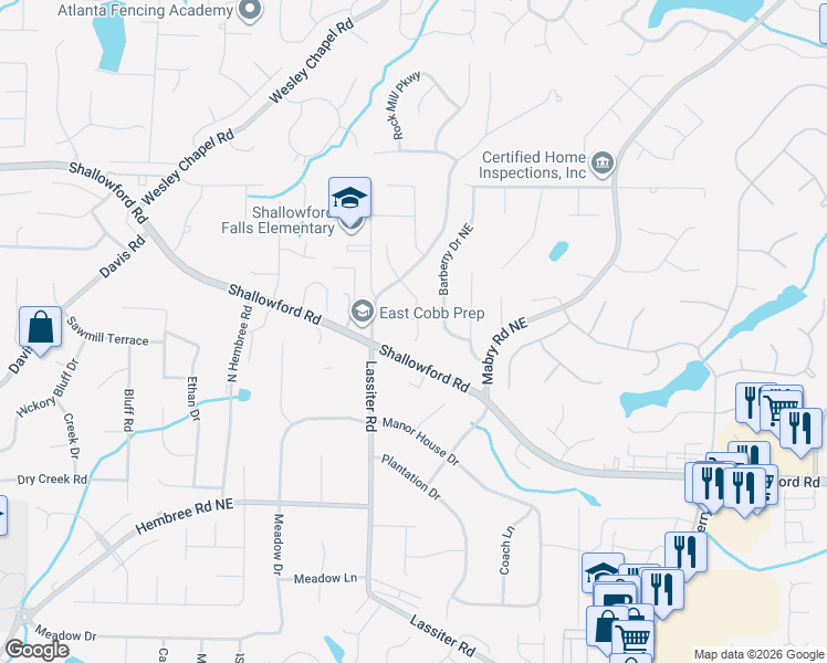 map of restaurants, bars, coffee shops, grocery stores, and more near 3356 Shallowford Green Drive in Marietta