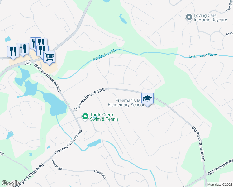 map of restaurants, bars, coffee shops, grocery stores, and more near 1615 Peachcrest Drive in Lawrenceville