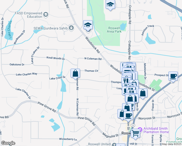 map of restaurants, bars, coffee shops, grocery stores, and more near 1219 Thomas Circle in Roswell