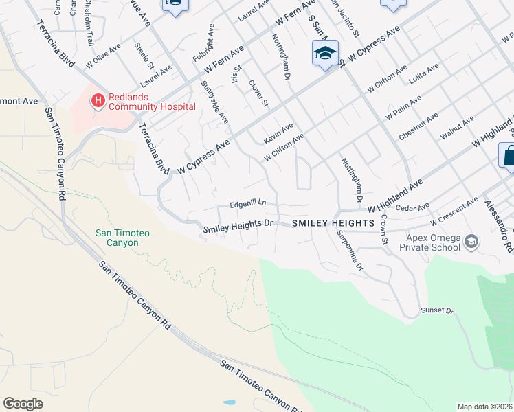 map of restaurants, bars, coffee shops, grocery stores, and more near 1531 Edgehill Lane in Redlands