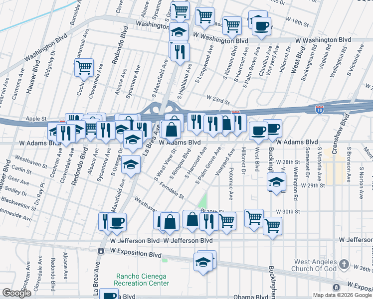 map of restaurants, bars, coffee shops, grocery stores, and more near 2619 South Rimpau Boulevard in Los Angeles
