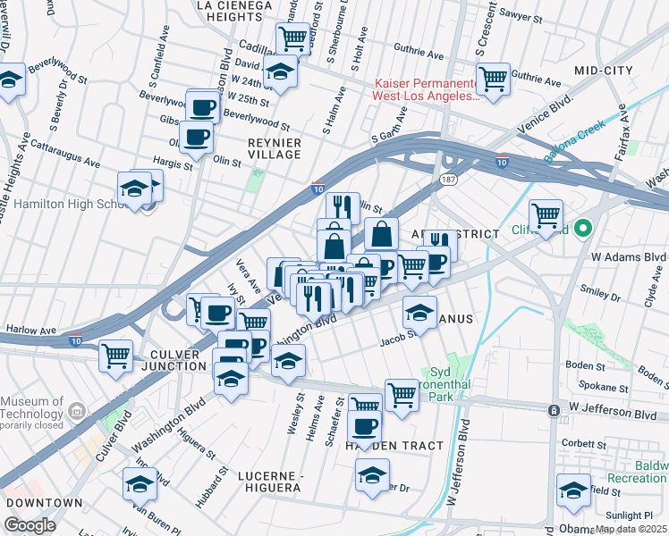 map of restaurants, bars, coffee shops, grocery stores, and more near 3203 South Sherbourne Drive in Los Angeles