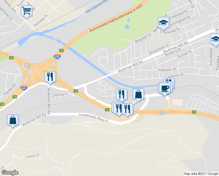 map of restaurants, bars, coffee shops, grocery stores, and more near 1841 Camino Del Rio in Whittier
