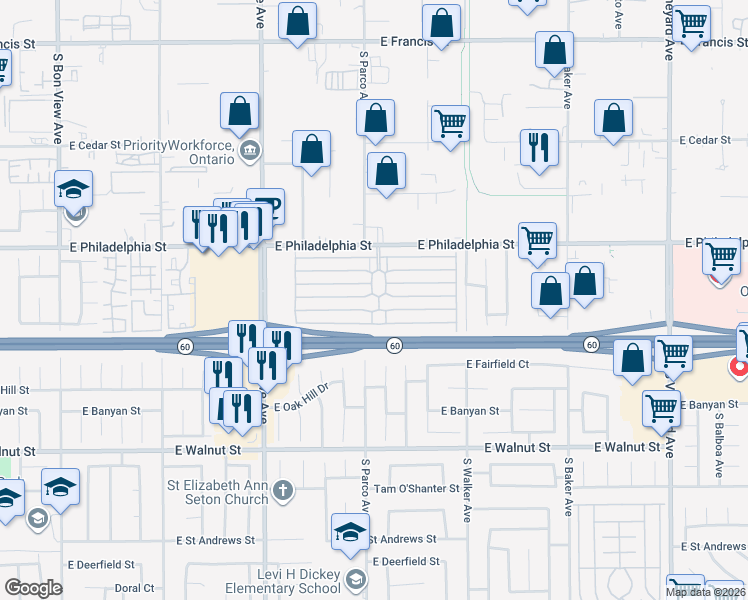 map of restaurants, bars, coffee shops, grocery stores, and more near 1456 East Philadelphia Street in Ontario