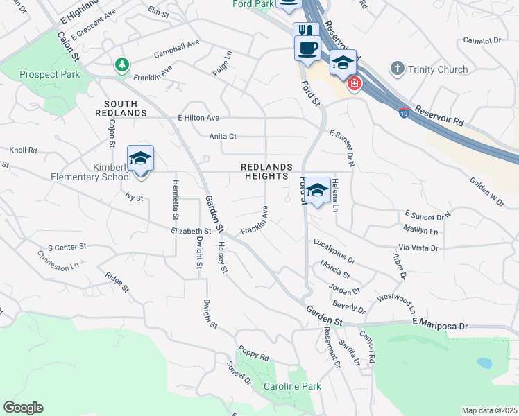 map of restaurants, bars, coffee shops, grocery stores, and more near 129 Sunridge Way in Redlands