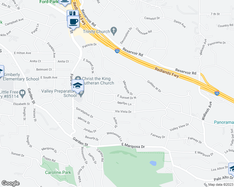 map of restaurants, bars, coffee shops, grocery stores, and more near 505 East Sunset Drive North in Redlands