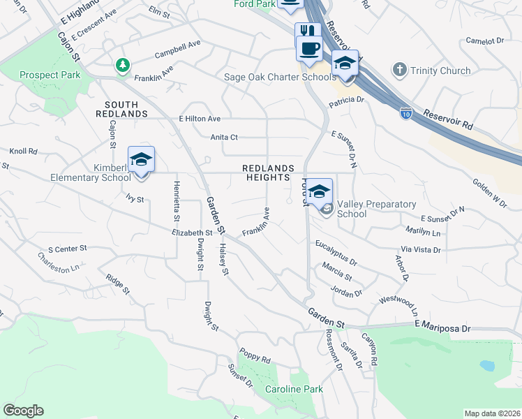 map of restaurants, bars, coffee shops, grocery stores, and more near 129 Sunridge Way in Redlands