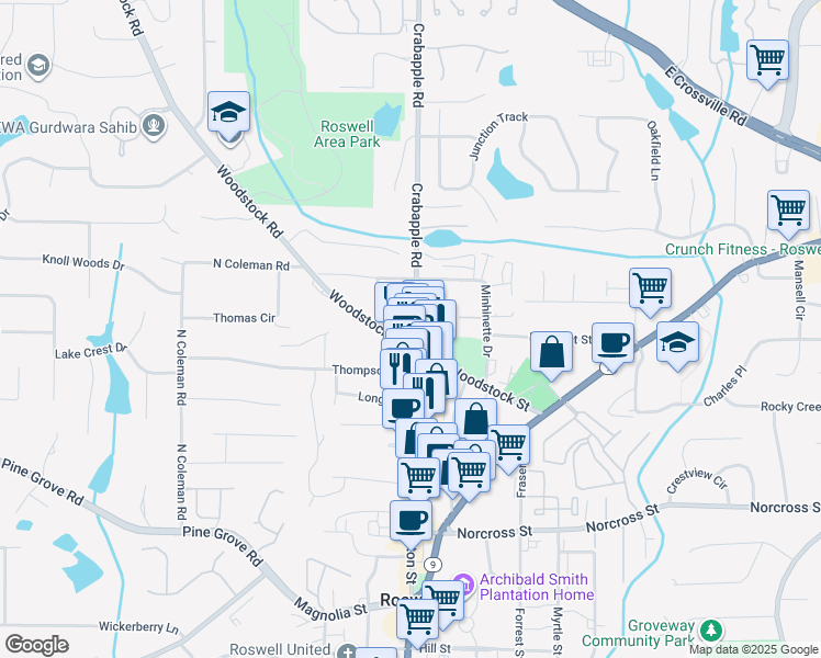map of restaurants, bars, coffee shops, grocery stores, and more near 1224 Canton Street in Roswell