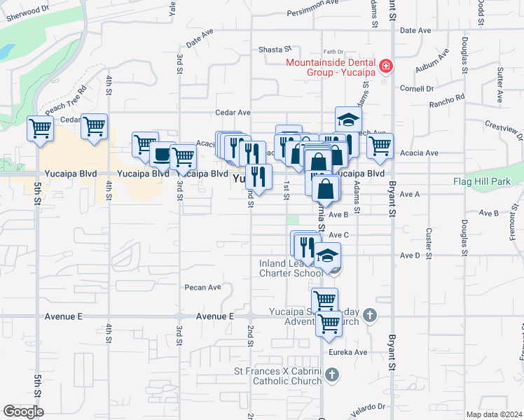 map of restaurants, bars, coffee shops, grocery stores, and more near 34932 Avenue B in Yucaipa