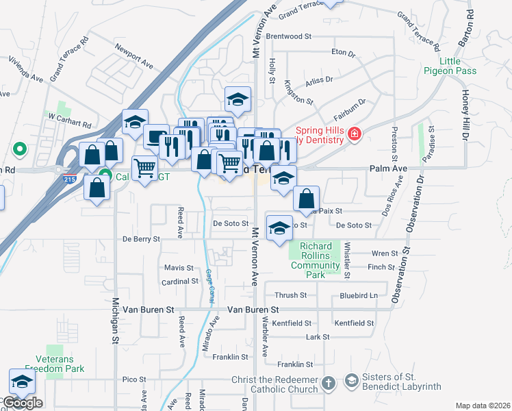 map of restaurants, bars, coffee shops, grocery stores, and more near 11857 Mount Vernon Avenue in Grand Terrace