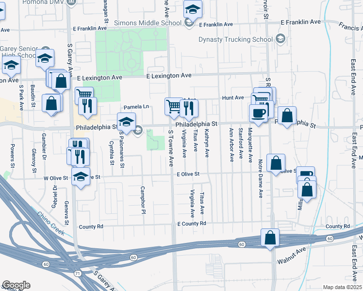 map of restaurants, bars, coffee shops, grocery stores, and more near 2185 Virginia Avenue in Pomona