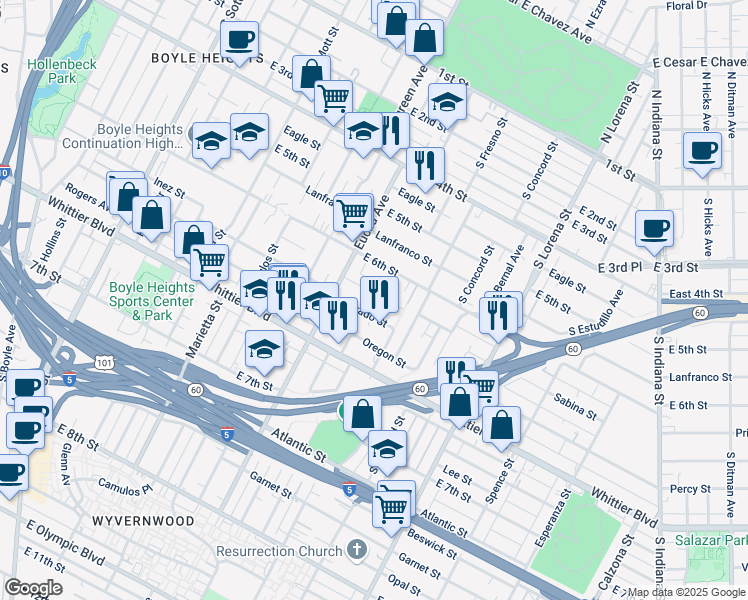 map of restaurants, bars, coffee shops, grocery stores, and more near 3050 Inez Street in Los Angeles