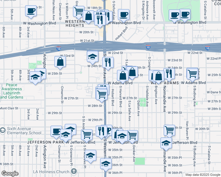 map of restaurants, bars, coffee shops, grocery stores, and more near 2617 South Hobart Boulevard in Los Angeles