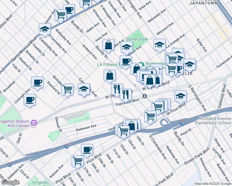 map of restaurants, bars, coffee shops, grocery stores, and more near 12333 West Olympic Boulevard in Los Angeles