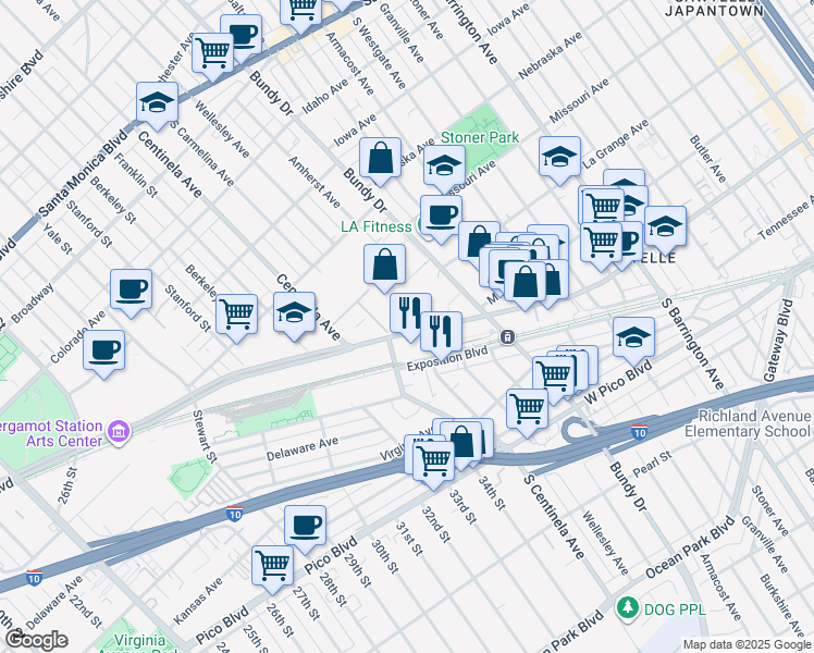 map of restaurants, bars, coffee shops, grocery stores, and more near 12333 West Olympic Boulevard in Los Angeles