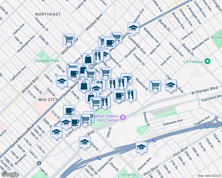 map of restaurants, bars, coffee shops, grocery stores, and more near 1552 Harvard Street in Santa Monica
