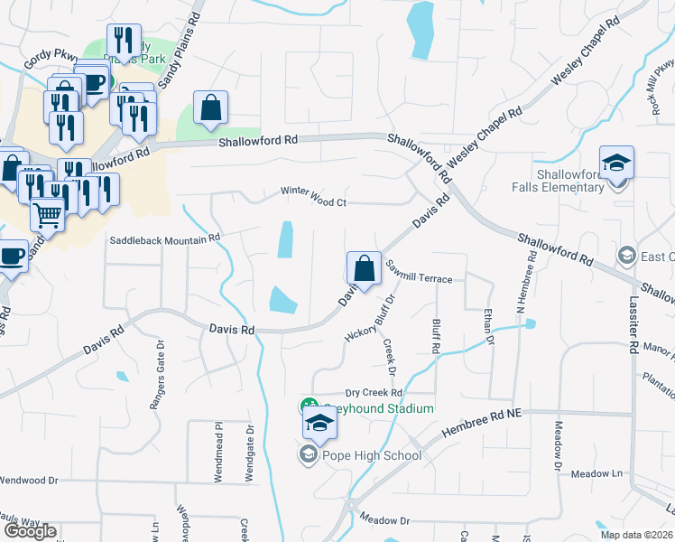 map of restaurants, bars, coffee shops, grocery stores, and more near 3315 Acorn Falls Drive in Marietta
