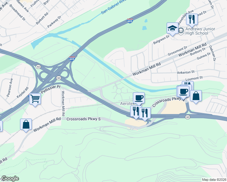 map of restaurants, bars, coffee shops, grocery stores, and more near 13009 Camino Del Rey in Whittier