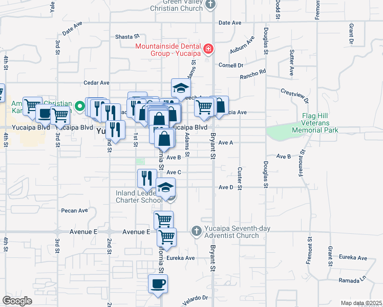 map of restaurants, bars, coffee shops, grocery stores, and more near 35224 Avenue B in Yucaipa