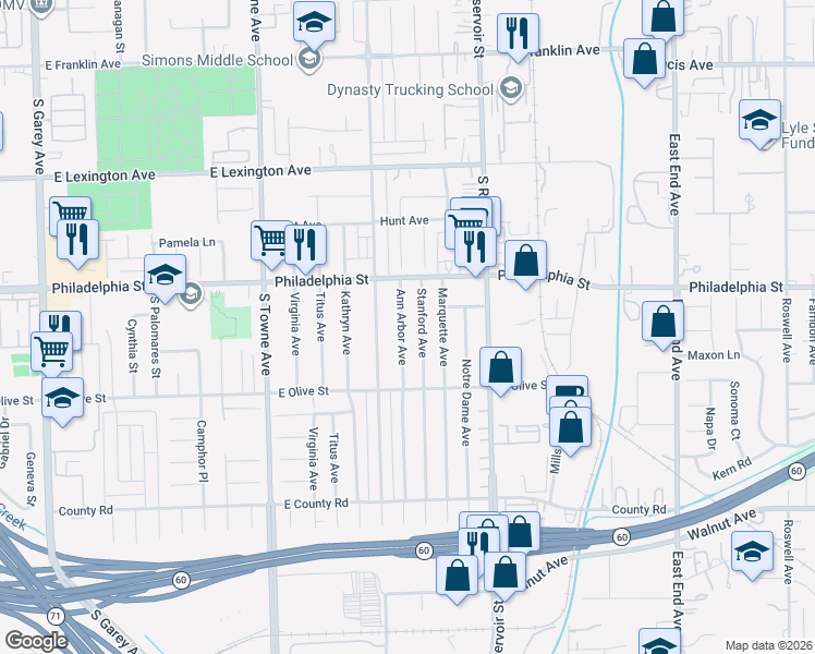 map of restaurants, bars, coffee shops, grocery stores, and more near 2188 Ann Arbor Avenue in Pomona