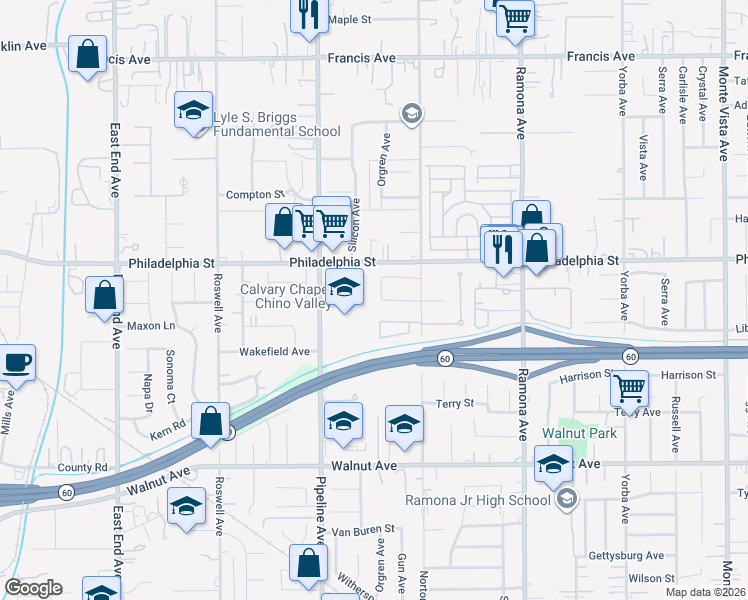 map of restaurants, bars, coffee shops, grocery stores, and more near 12170 Orgren Avenue in Chino