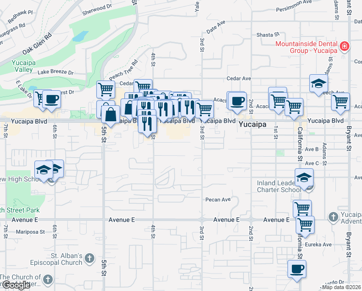 map of restaurants, bars, coffee shops, grocery stores, and more near 34613 Avenue B in Yucaipa