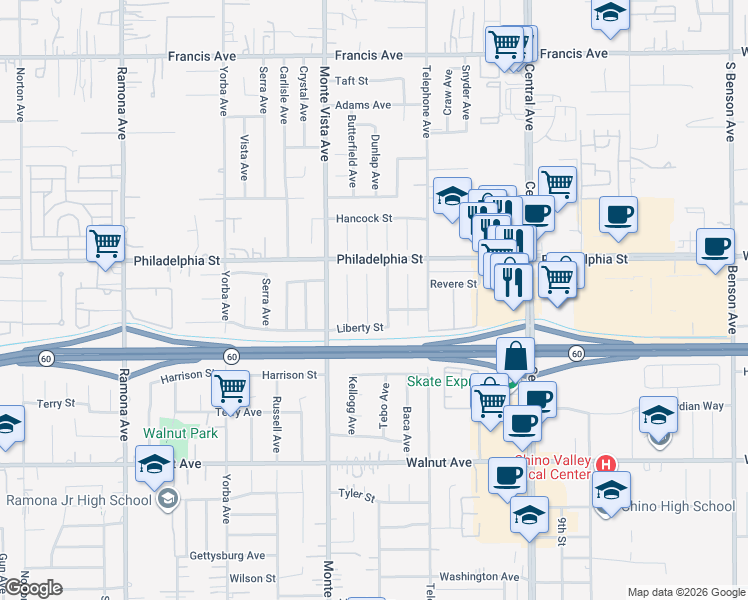 map of restaurants, bars, coffee shops, grocery stores, and more near 12183 Dunlap Pl in Chino