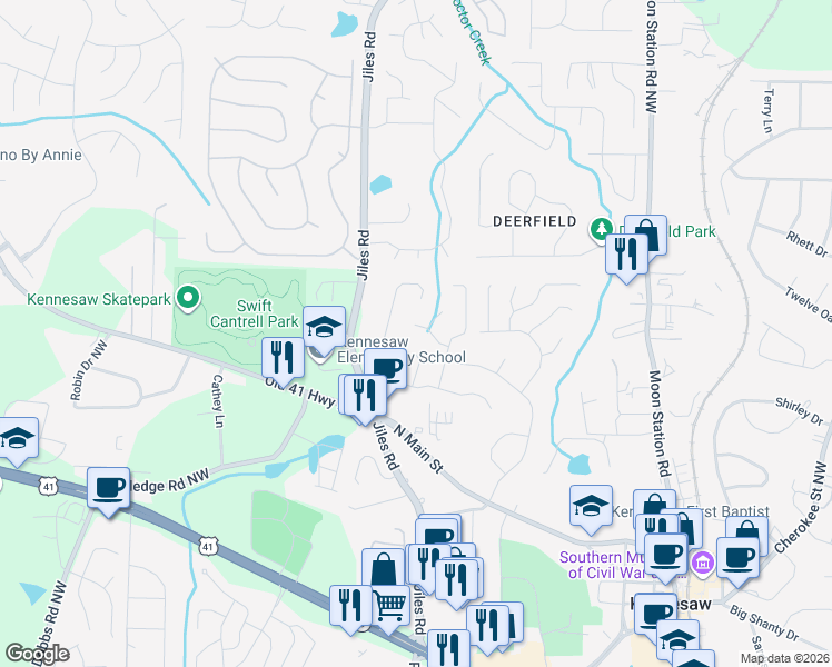 map of restaurants, bars, coffee shops, grocery stores, and more near 2353 Mountain Springs Place in Kennesaw