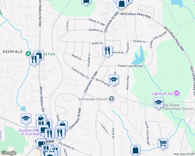 map of restaurants, bars, coffee shops, grocery stores, and more near 1920 Twelve Oaks Circle in Kennesaw