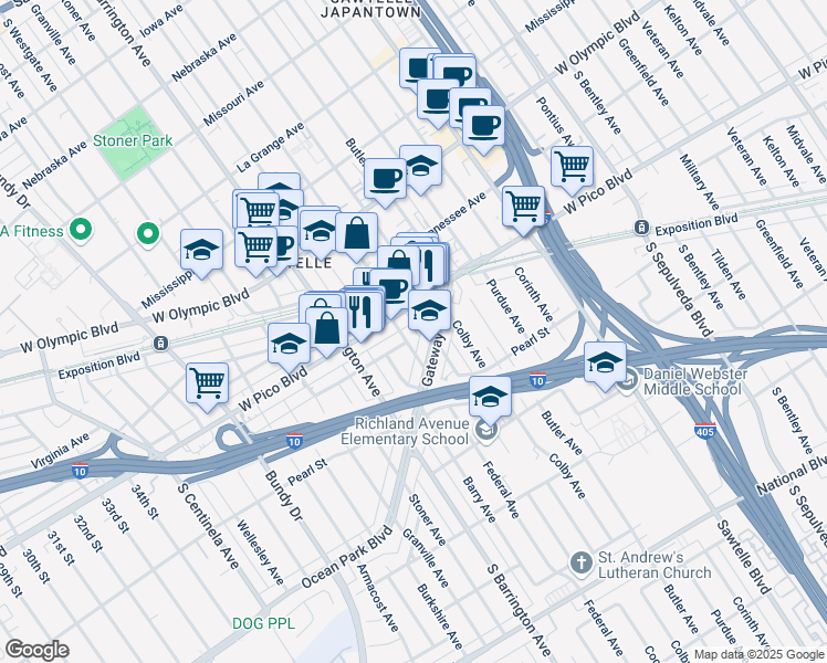 map of restaurants, bars, coffee shops, grocery stores, and more near 2422 Federal Avenue in Los Angeles