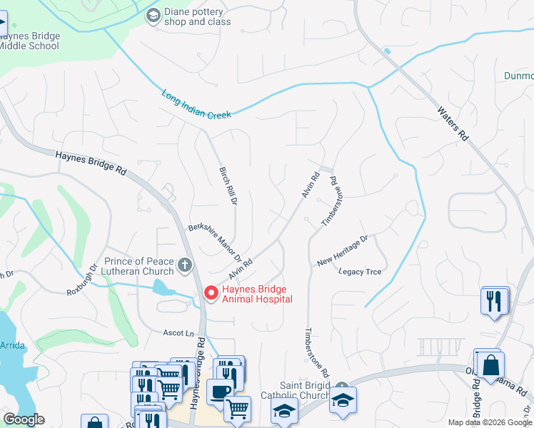 map of restaurants, bars, coffee shops, grocery stores, and more near 3240 Old Evergreen Way in Alpharetta